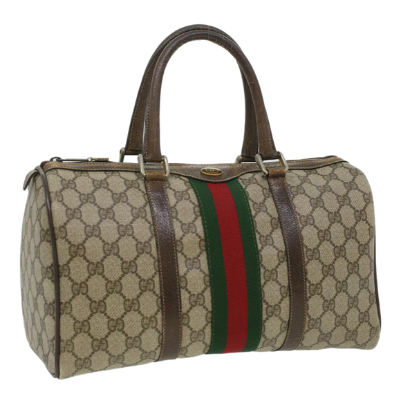 GUCCI Web Sherry Line GG Canvas Boston Bag PVC Leather Beige Green Auth rd4090 - Picture 1 of 16